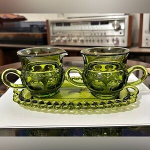 Vintage Indiana Avocado Glass Creamer and Sugar Set with Tray